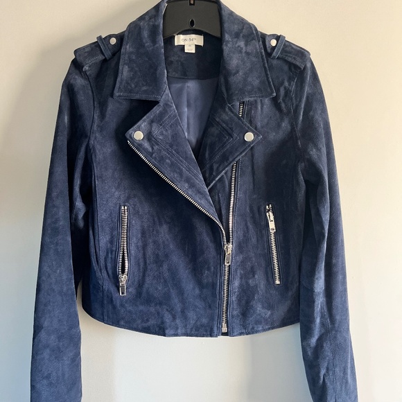 On . 34th NWOT Genuine Leather Blue Suede Biker Moto Jacket Coat XS - Picture 1 of 11